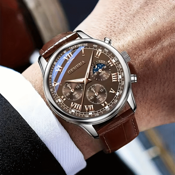 Elegant Geneva Men’s Quartz Leather Belt Watch with Classic Round Dial
