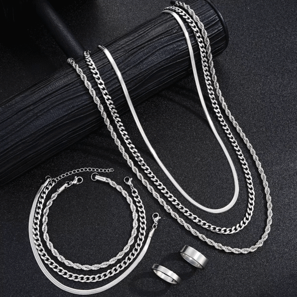 Unisex Stainless Steel Jewelry Set Ring Necklace Bracelet - Image 3