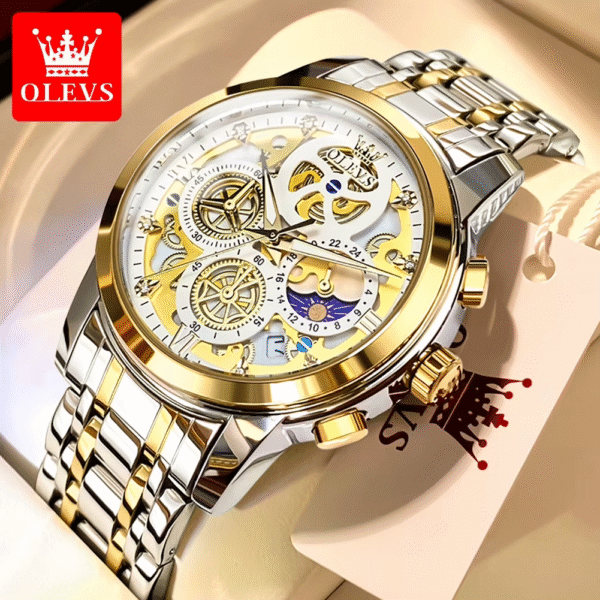 OLEVS Men’s Luxury Gold Skeleton Quartz Watch - Image 4