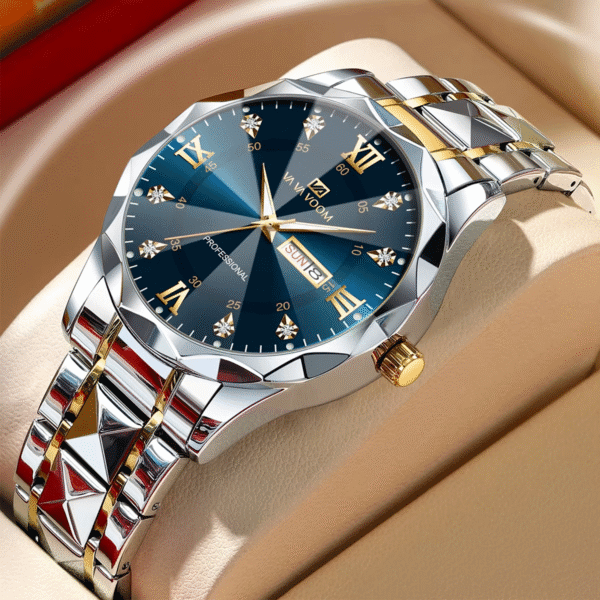 Luxury Men’s Stainless Steel Blue Gold Quartz Watch - Image 2