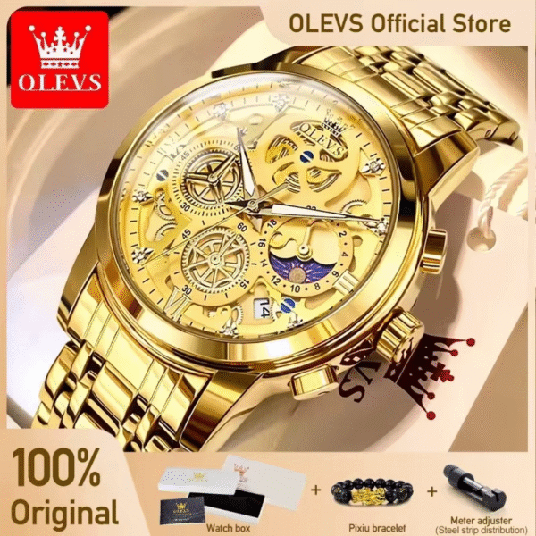 OLEVS Men’s Luxury Gold Skeleton Quartz Watch - Image 2