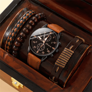 Luxury Men’s Leather Quartz Watch Gift Set