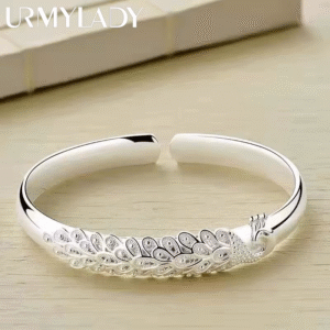Elegant 925 Silver Peacock Open Bangle Bracelet