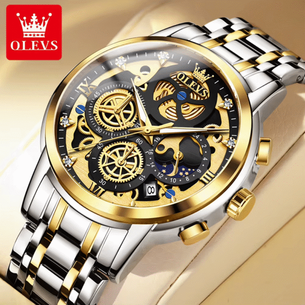 OLEVS Men’s Luxury Gold Skeleton Quartz Watch