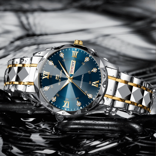 Luxury Men’s Stainless Steel Blue Gold Quartz Watch - Image 4